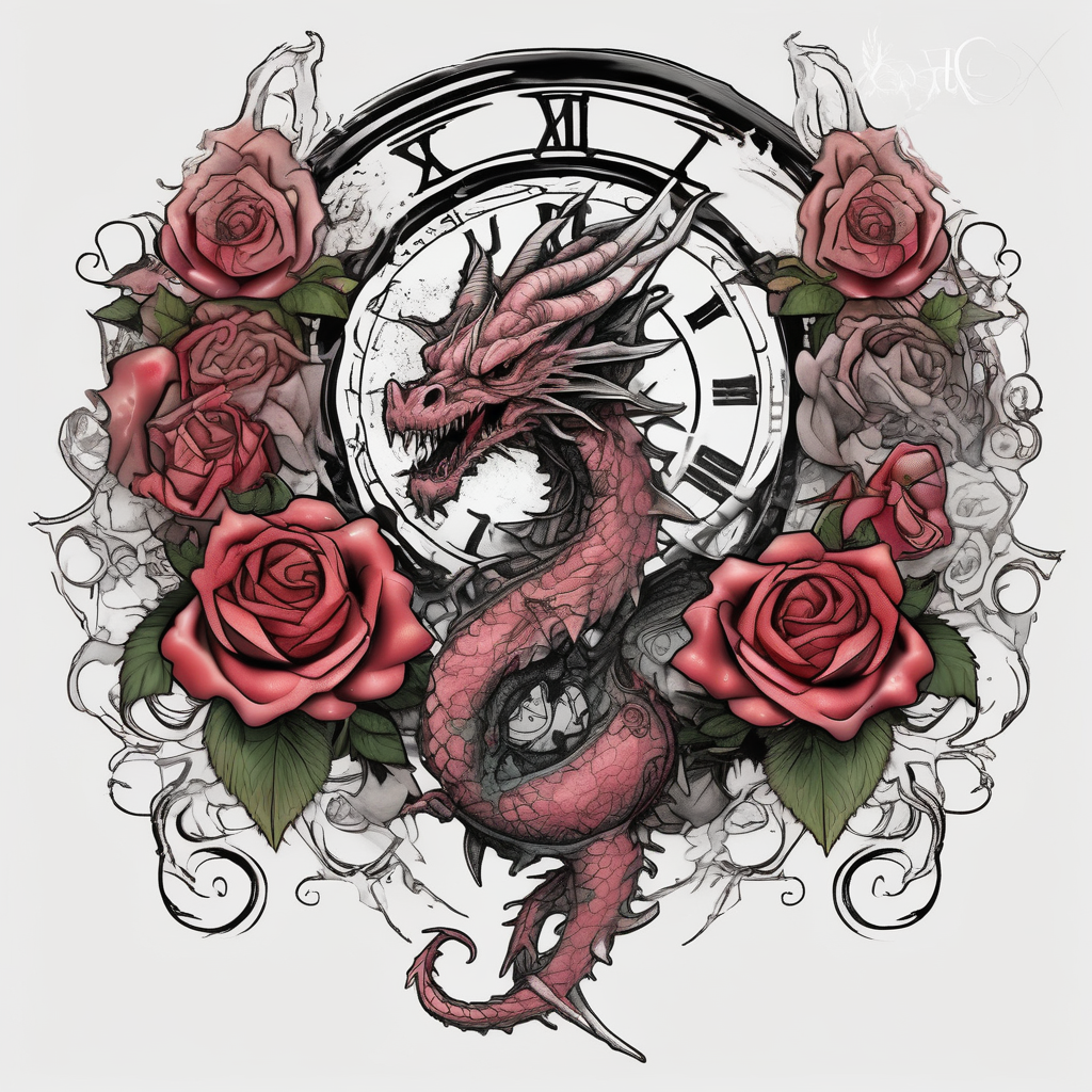 Horror dragon tattoo with cancer zodiac sign, roses and clock on background drake tattoos, design de tatouage Aquarelle généré par IA